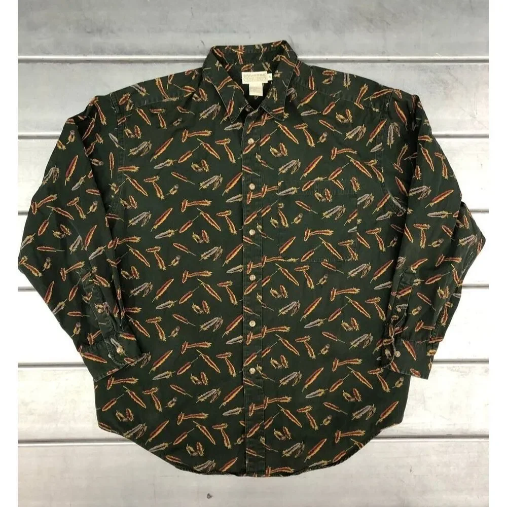 Vintage Banana Republic Safari Button Up Shirt Mens XL Feather All Over Print‎